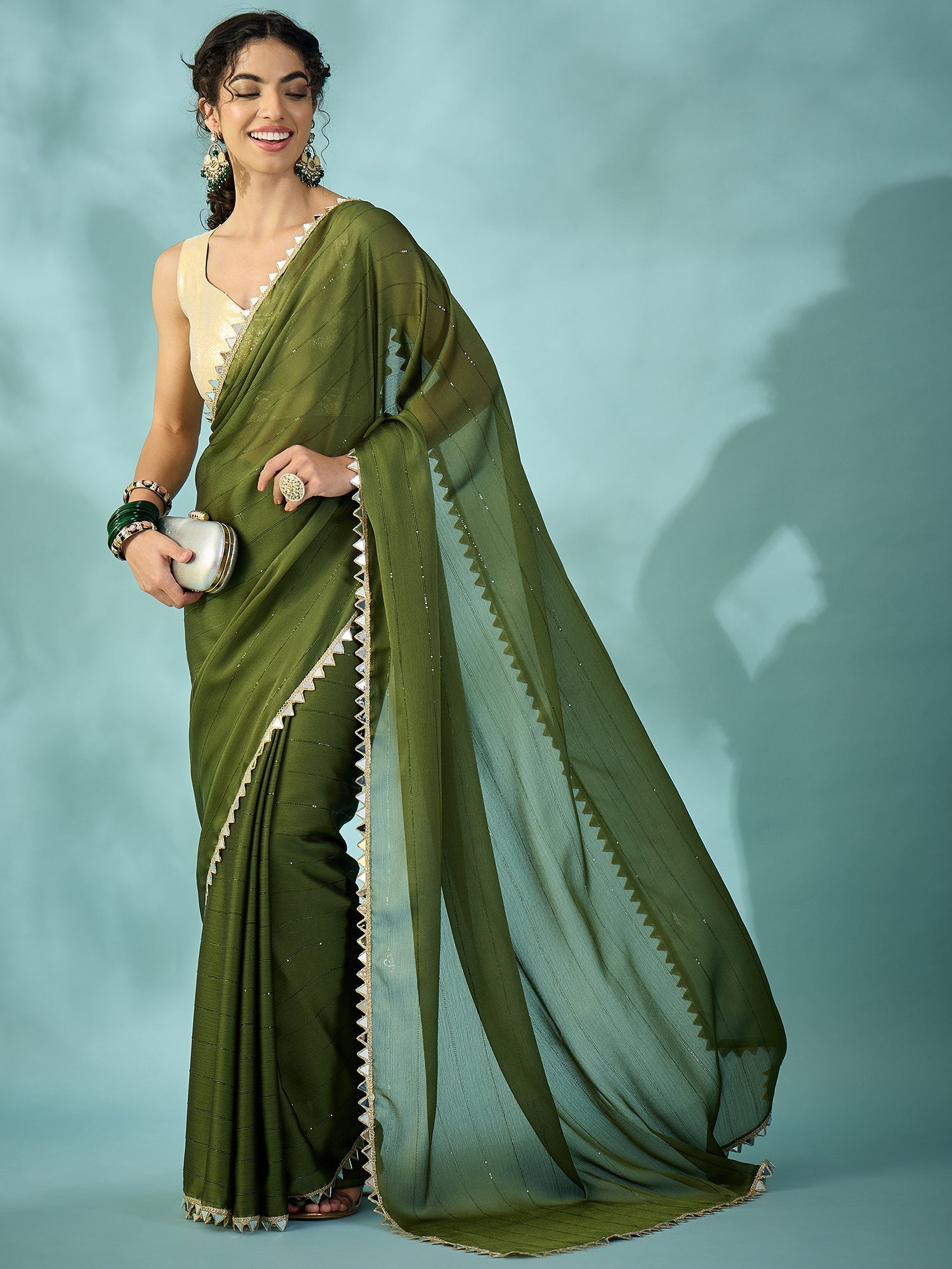 Dark Green Tissue Silk Saree with Zari Stripes - Ressa