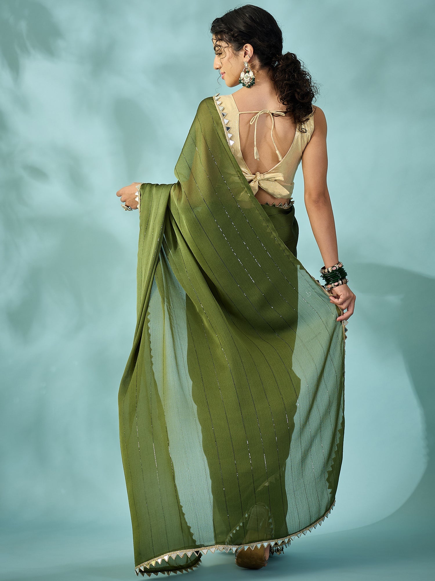 Dark Green Tissue Silk Saree with Zari Stripes - Ressa