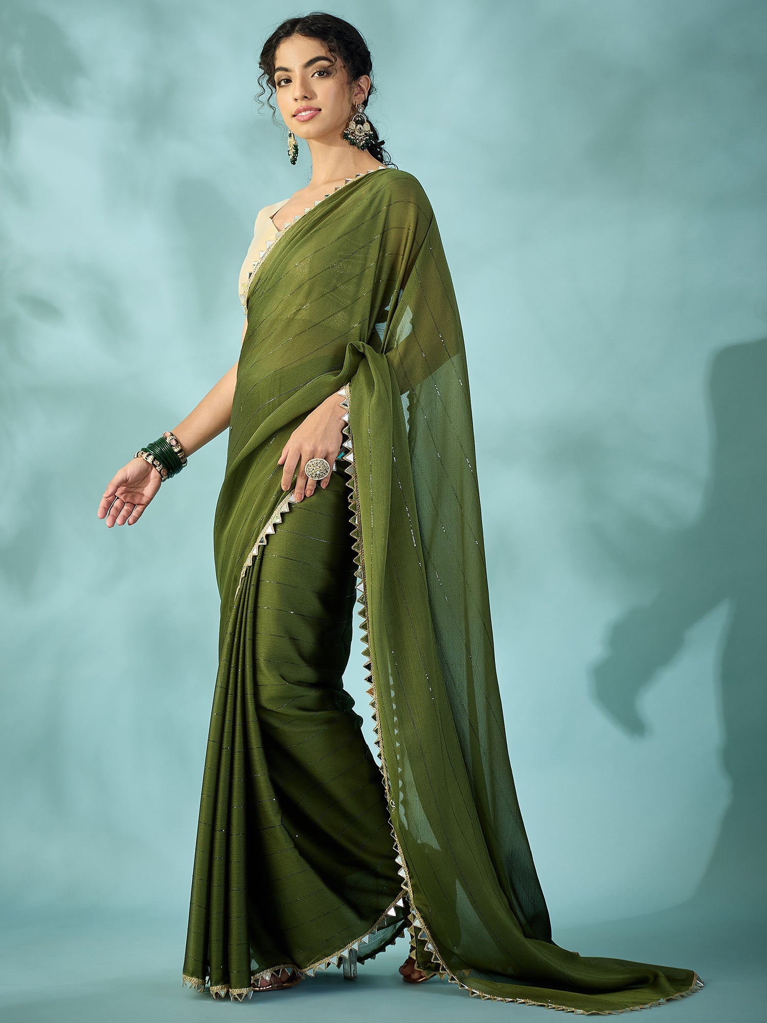 Dark Green Tissue Silk Saree with Zari Stripes - Ressa