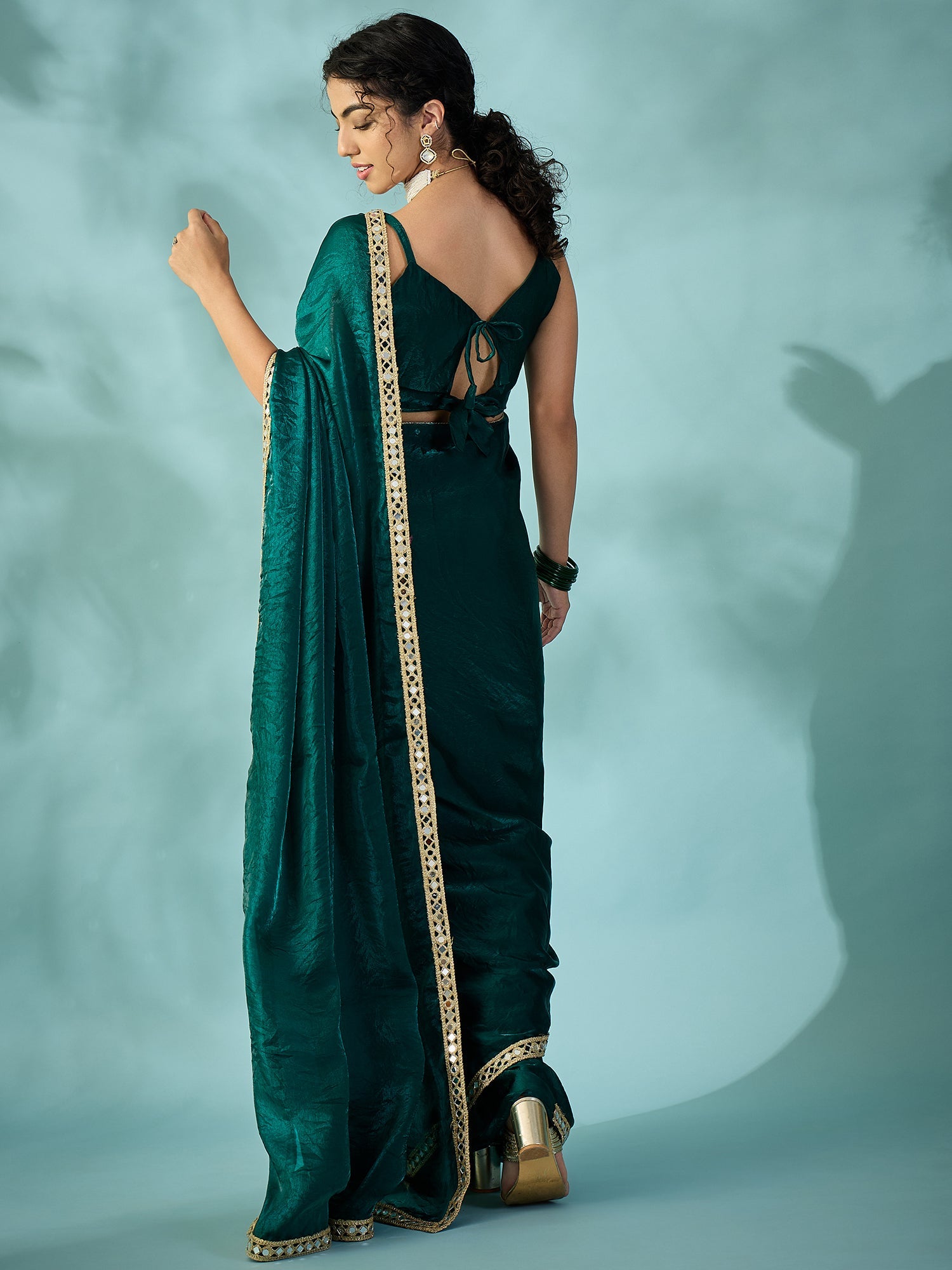 Dark Green Tissue Silk Saree with Zari Stripes - Ressa