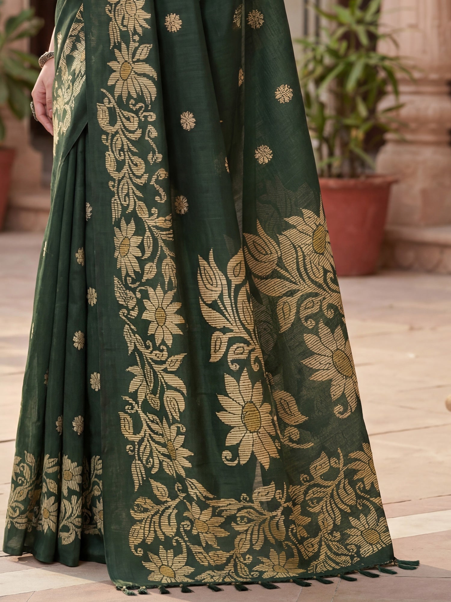 Dark Green Tussar Silk Madhubani Inspired Floral Print Saree - Ressa