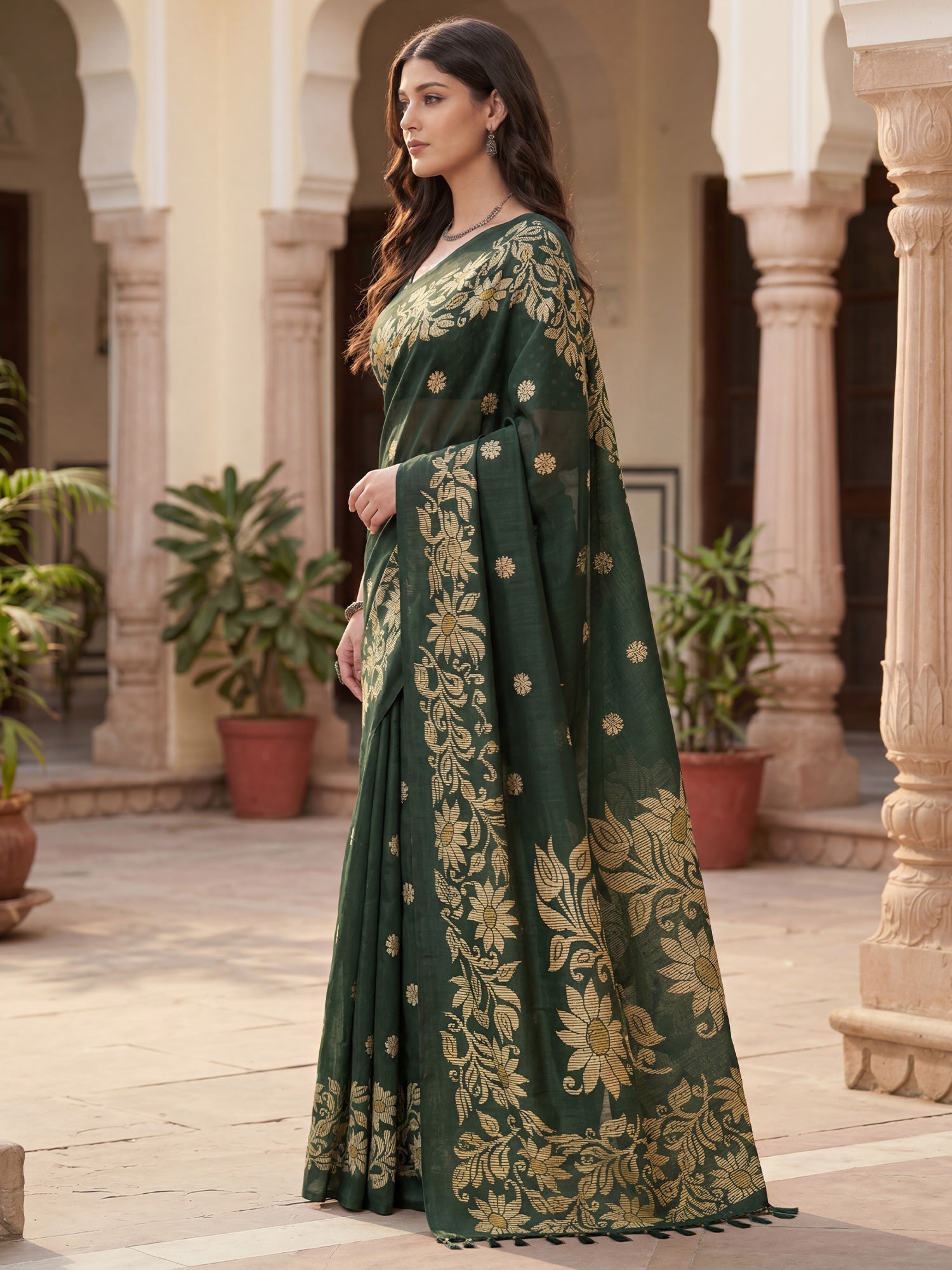Dark Green Tussar Silk Madhubani Inspired Floral Print Saree - Ressa