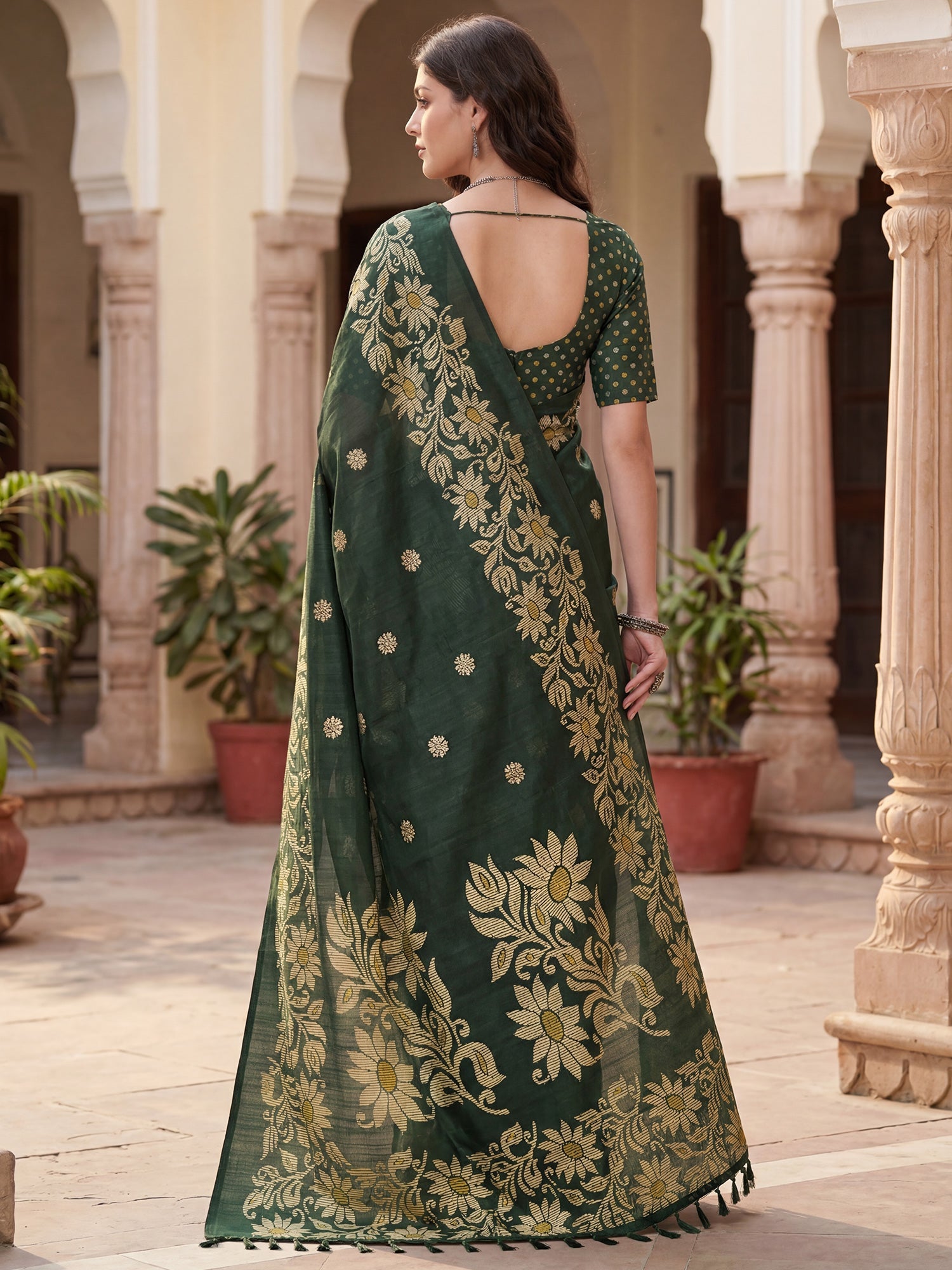 Dark Green Tussar Silk Madhubani Inspired Floral Print Saree - Ressa