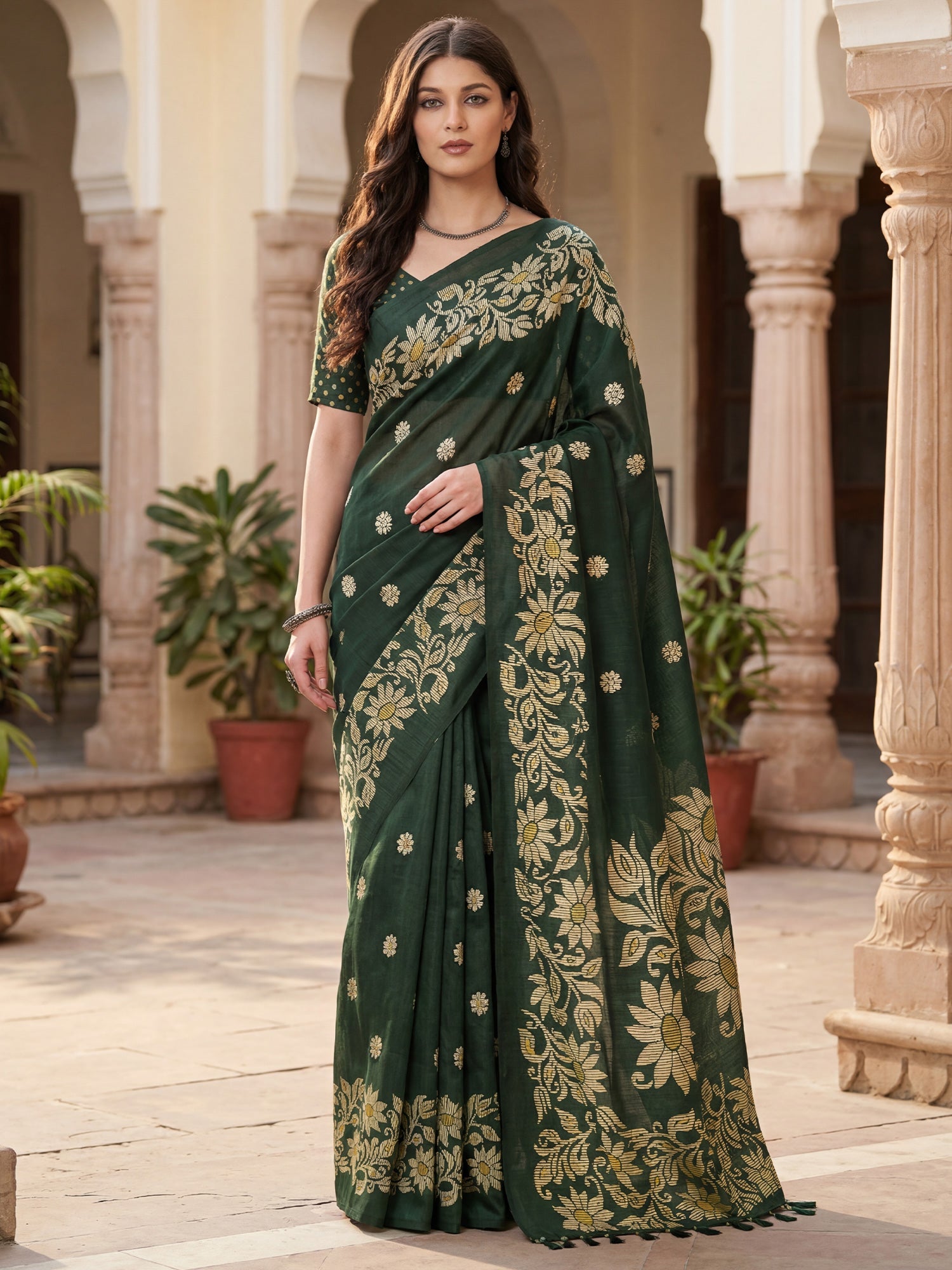 Dark Green Tussar Silk Madhubani Inspired Floral Print Saree - Ressa