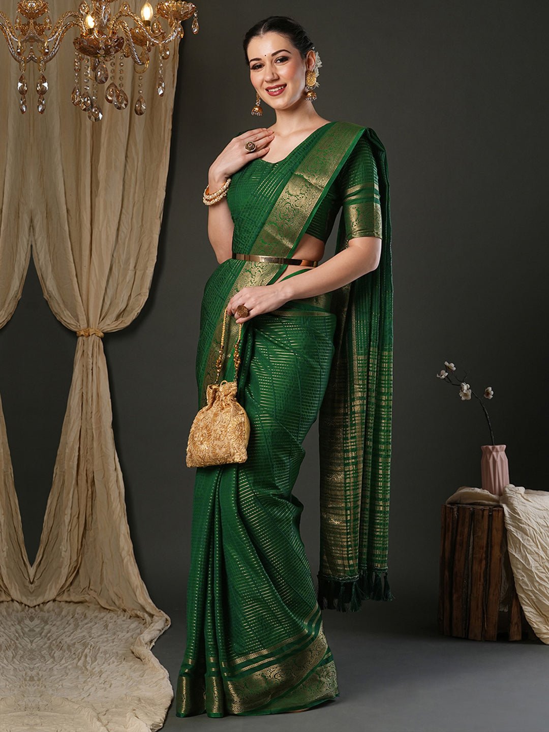 Dark Green Viscose Saree with Zari Border - Ressa