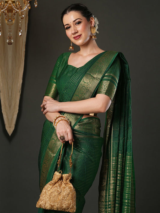 Dark Green Viscose Saree with Zari Border - Ressa