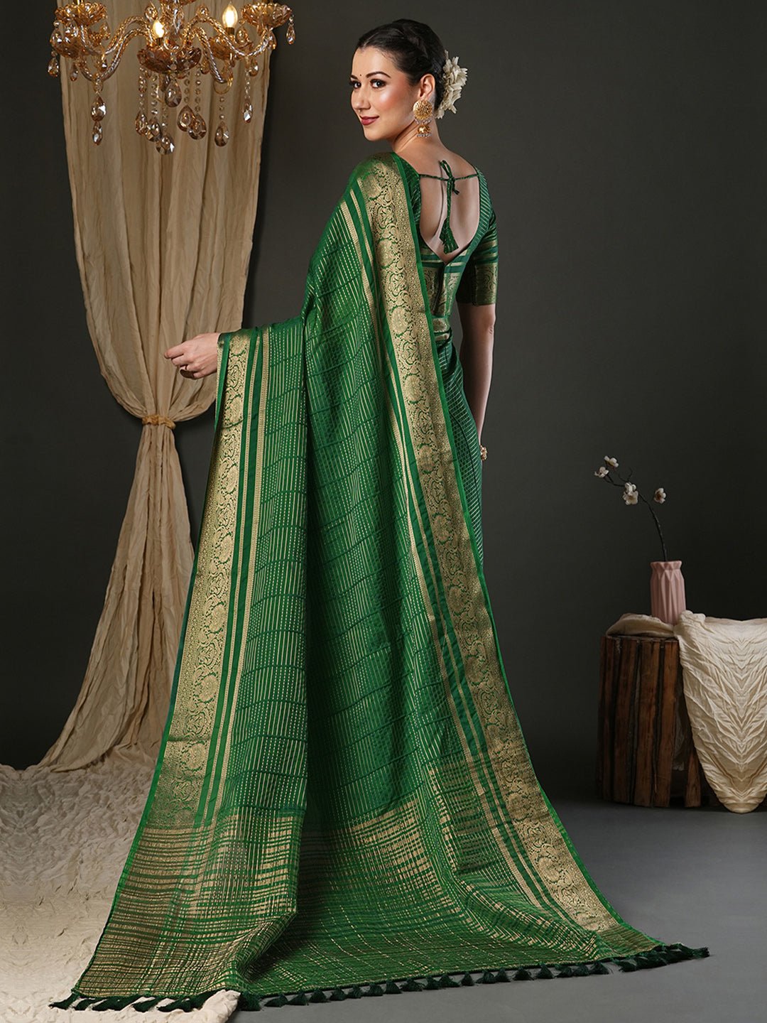 Dark Green Viscose Saree with Zari Border - Ressa
