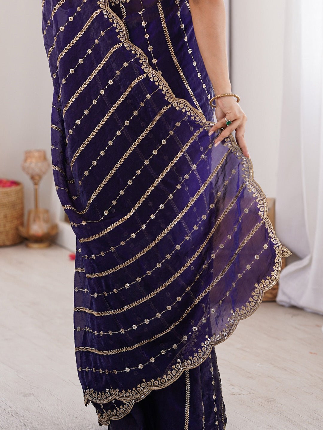 Dark Purple Satin Emblished Party Wear Saree - Ressa