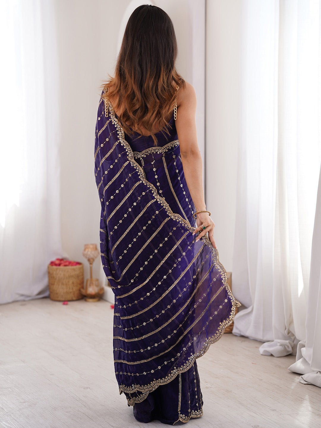 Dark Purple Satin Emblished Party Wear Saree - Ressa