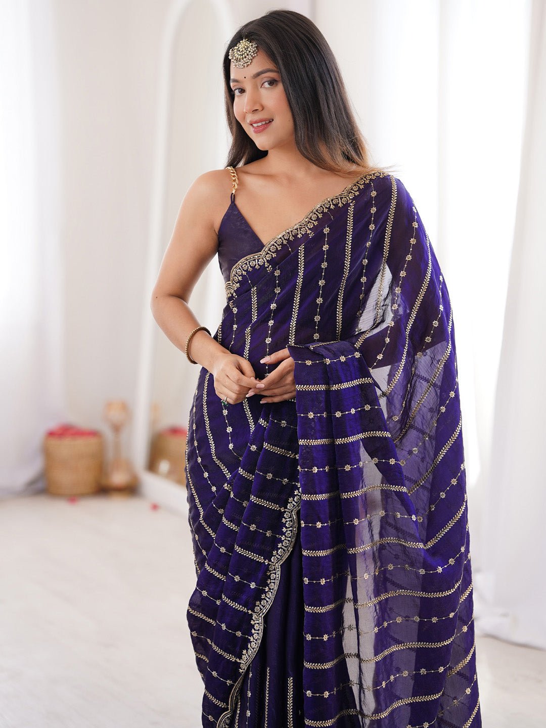 Dark Purple Satin Emblished Party Wear Saree - Ressa