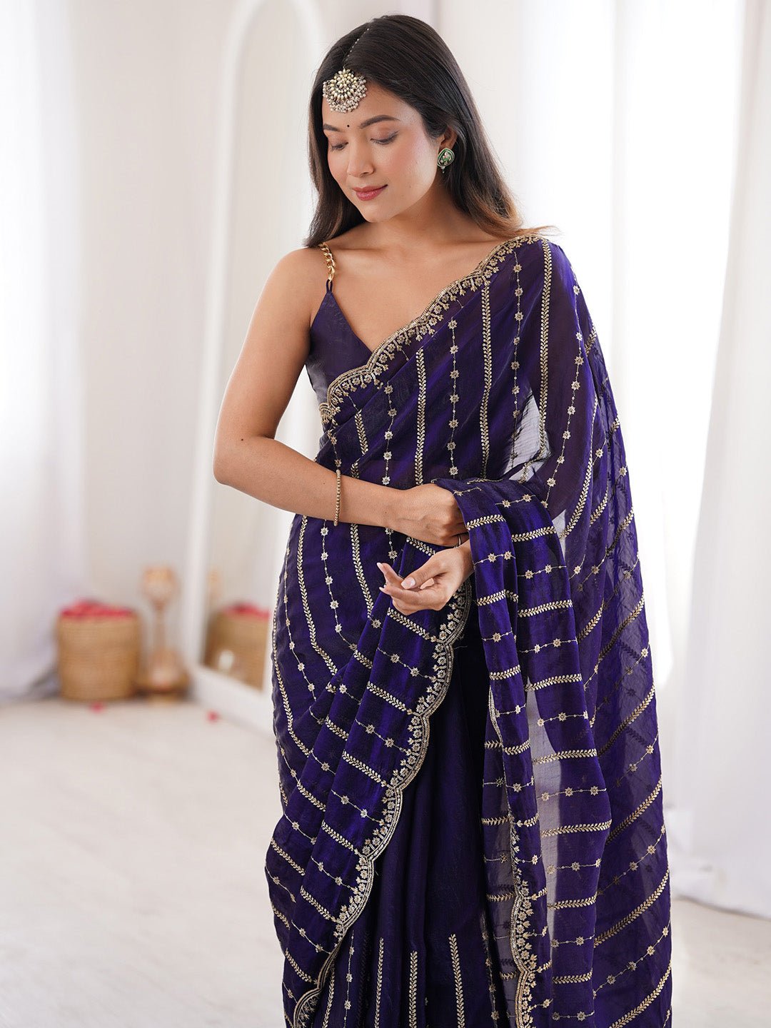 Dark Purple Satin Emblished Party Wear Saree - Ressa