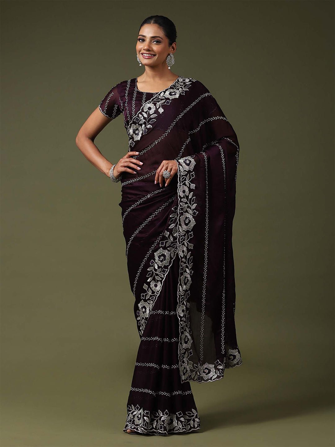 Dark Purple Satin Silk Embroidered Saree - Ressa