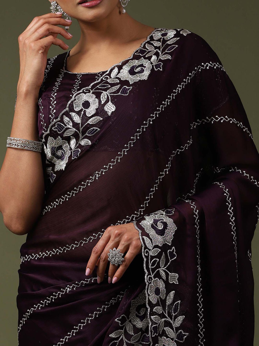 Dark Purple Satin Silk Embroidered Saree - Ressa