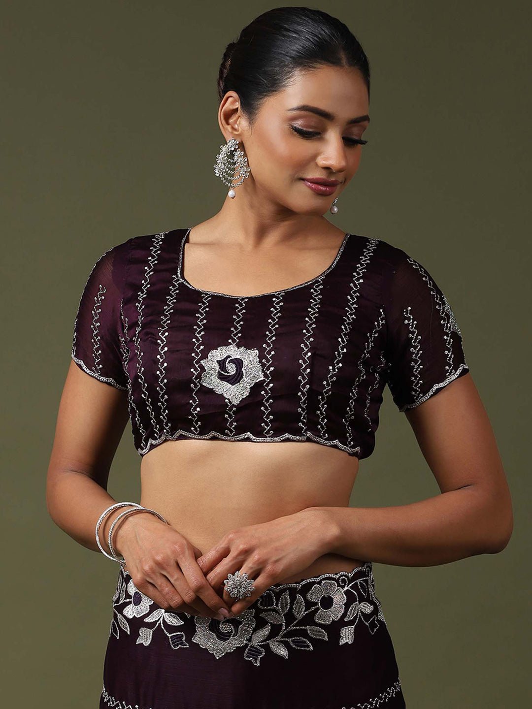 Dark Purple Satin Silk Embroidered Saree - Ressa