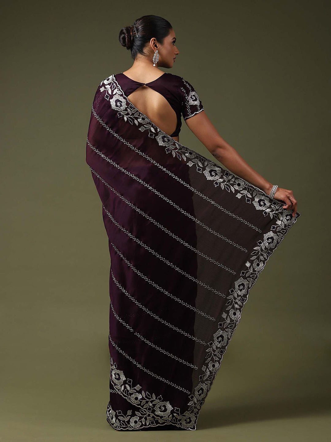 Dark Purple Satin Silk Embroidered Saree - Ressa