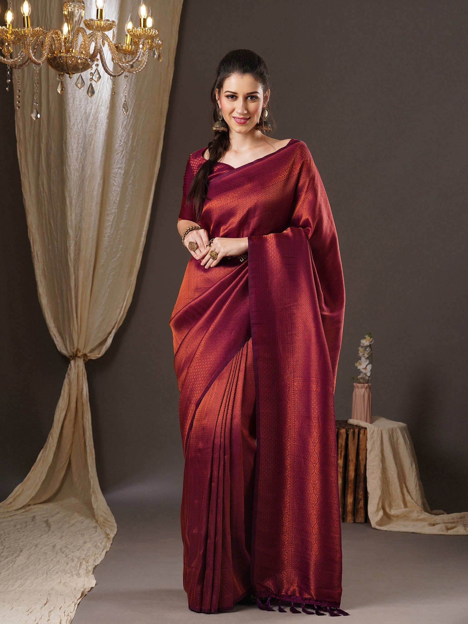 Dark Red Kanjeevvaram Silk Saree - Ressa