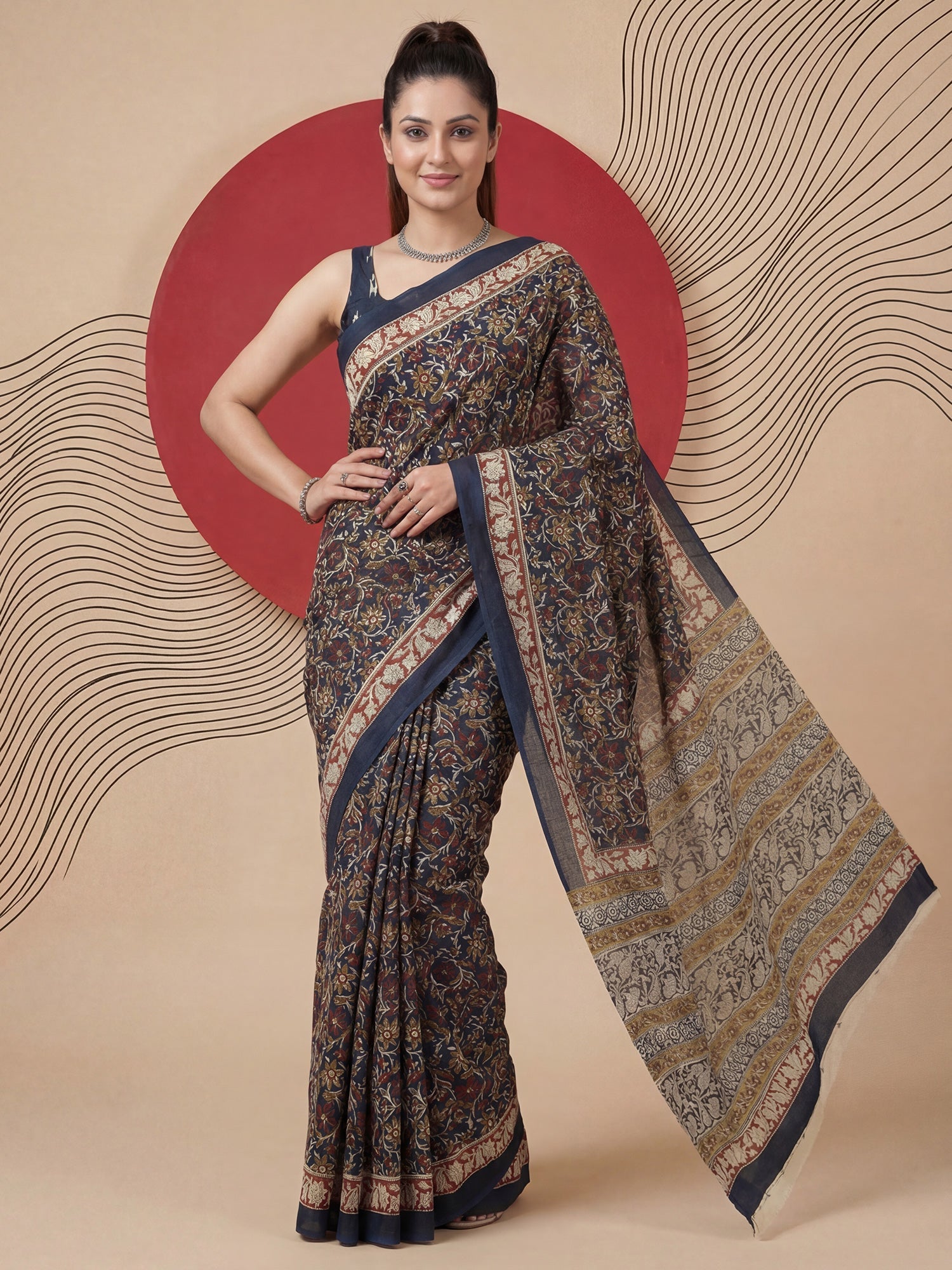 Deep Blue Kalamkari Saree - Ressa