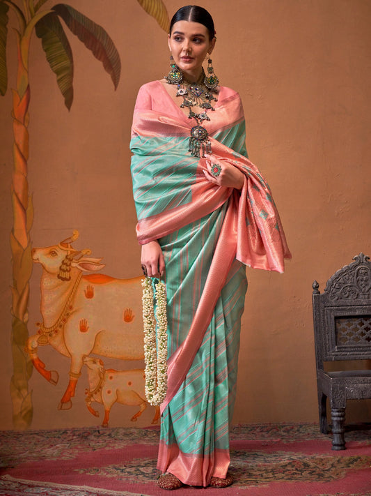 Deep Blue & Multi-Color Silk Blend Heritage Floral Print Zari Woven Border saree - Ressa