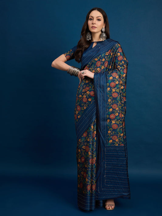 Deep Blue & Multi-Color Silk Blend Heritage Saree - Ressa