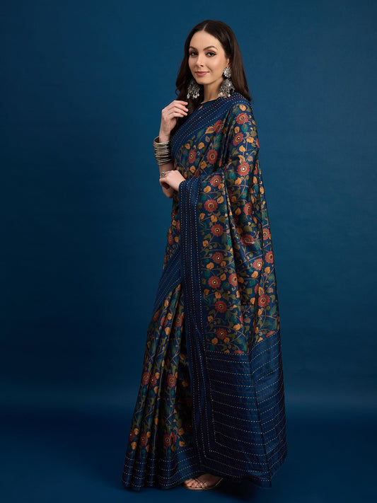 Deep Blue & Multi-Color Silk Blend Heritage Saree - Ressa