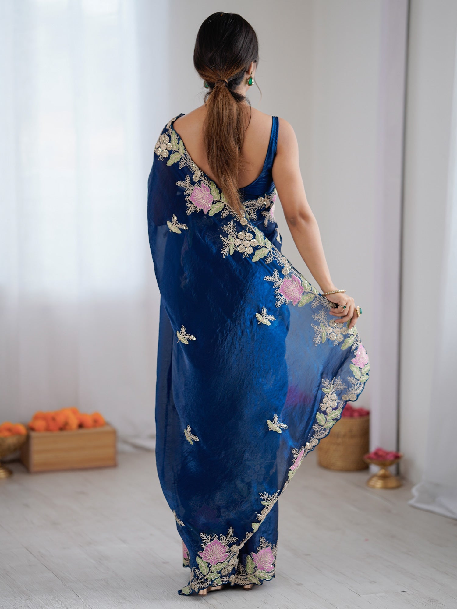 Deep Blue Organza Saree with Pink Floral Cutwork Scallop Border - Ressa