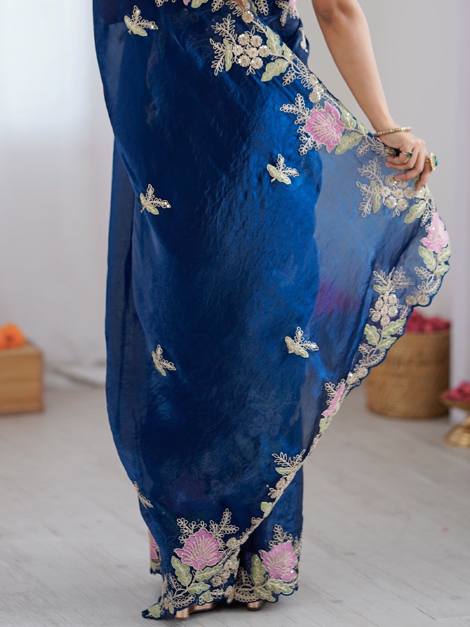 Deep Blue Organza Saree with Pink Floral Cutwork Scallop Border - Ressa