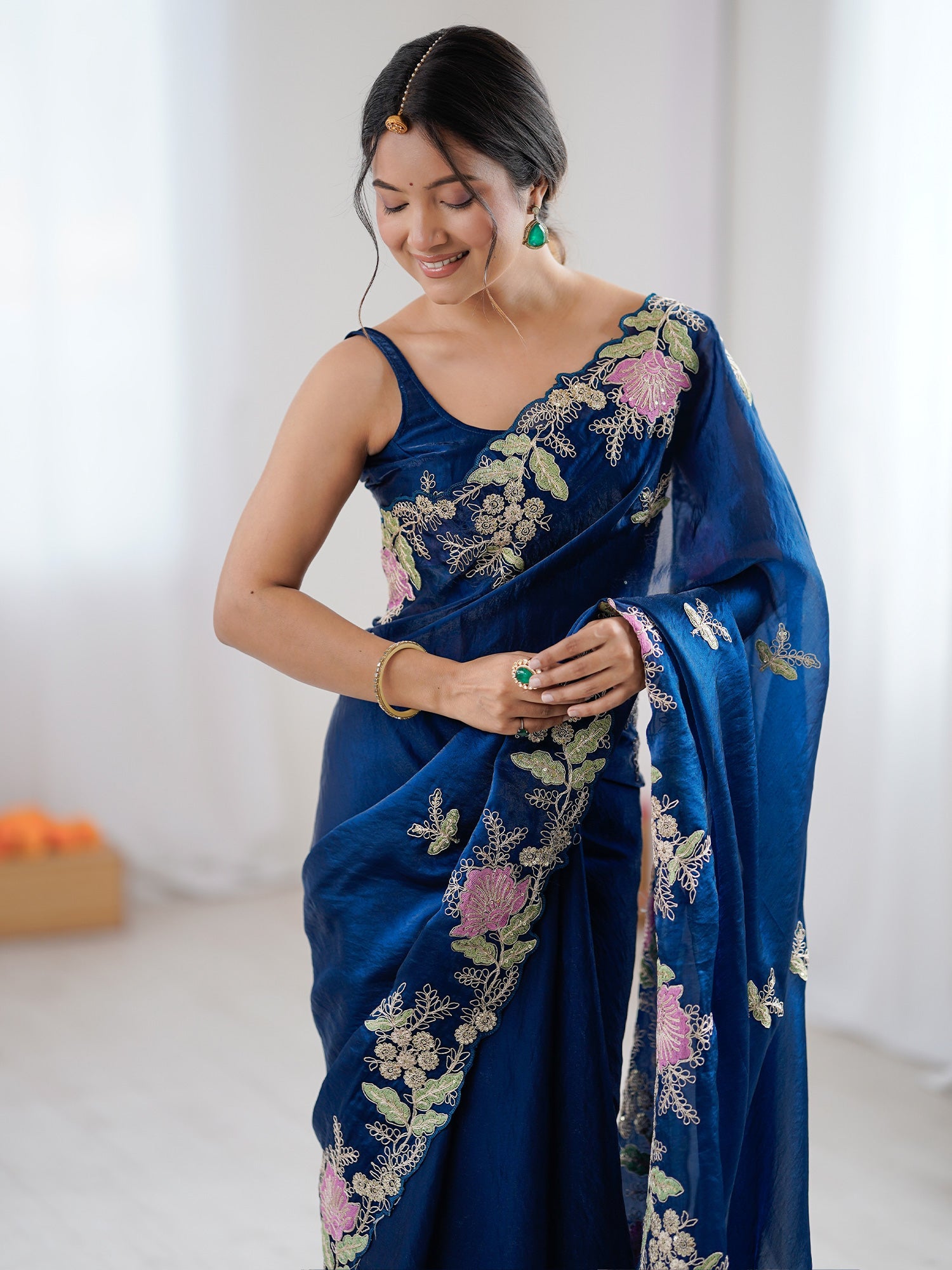 Deep Blue Organza Saree with Pink Floral Cutwork Scallop Border - Ressa