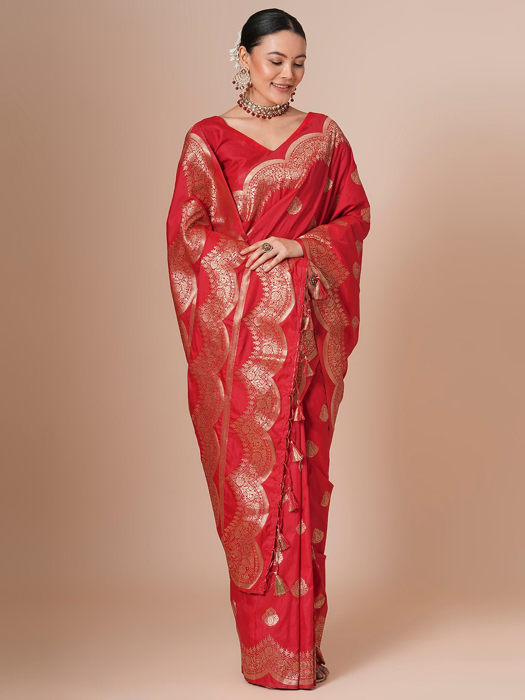 Deep Crimson Red Banarasi Pure Silk Saree - Ressa