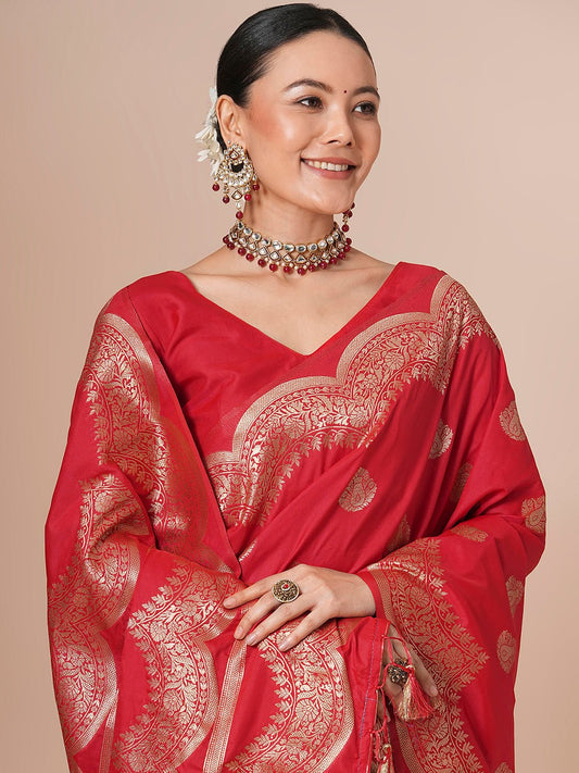 Deep Crimson Red Banarasi Pure Silk Saree - Ressa