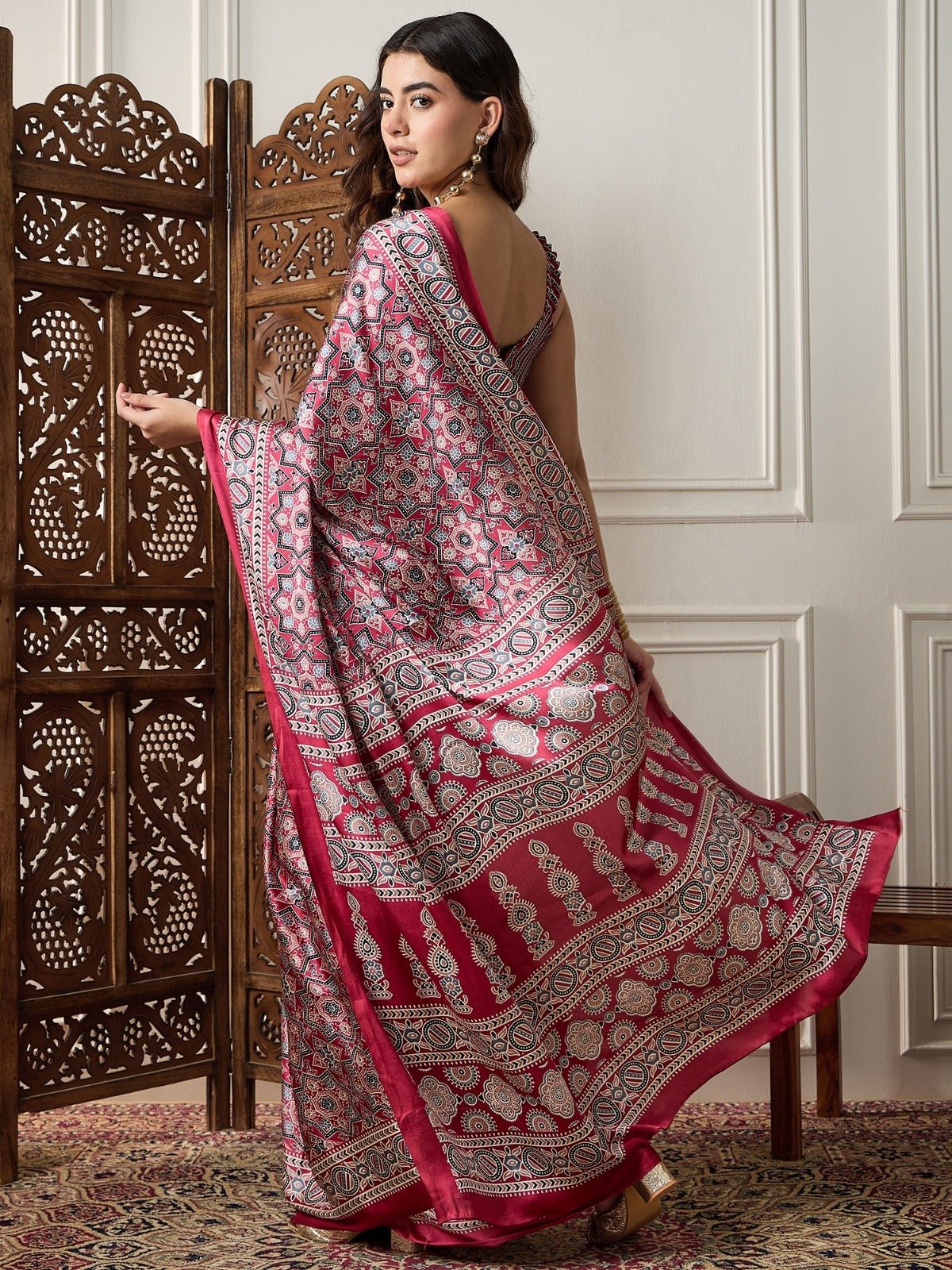 Deep Crimson Red Gajji Silk Ajrakh Saree - Ressa