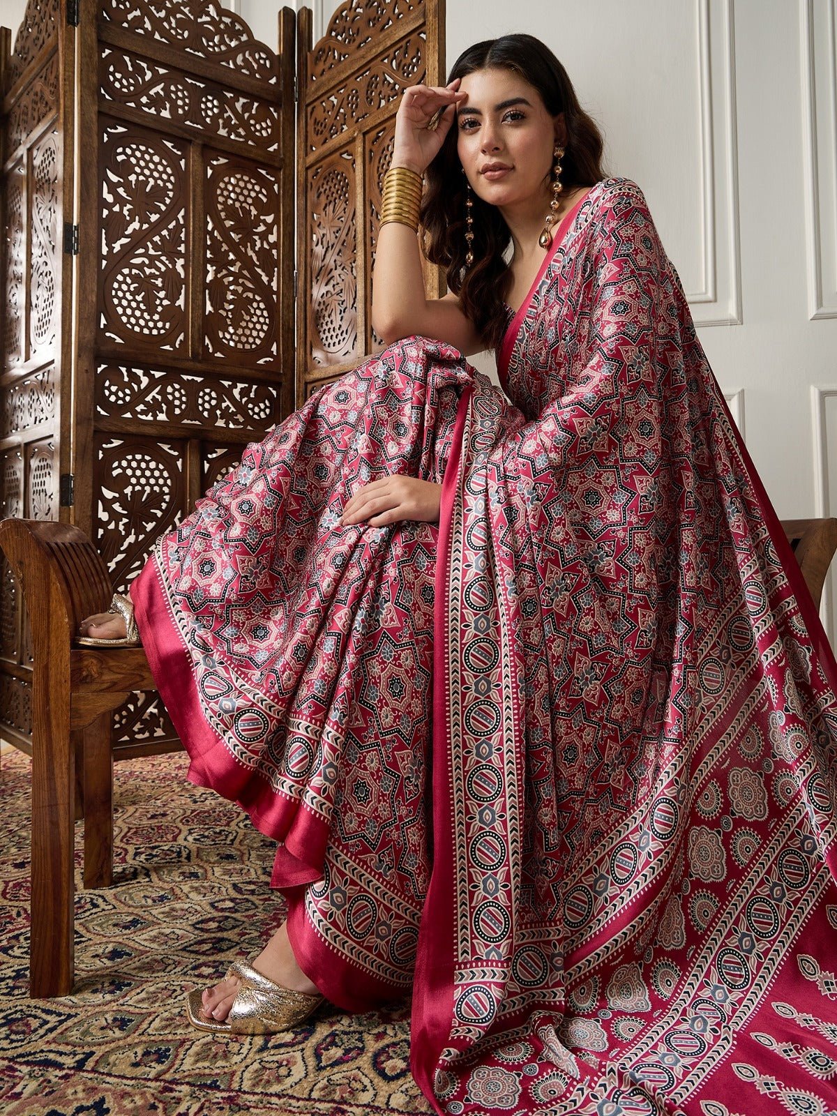 Deep Crimson Red Gajji Silk Ajrakh Saree - Ressa
