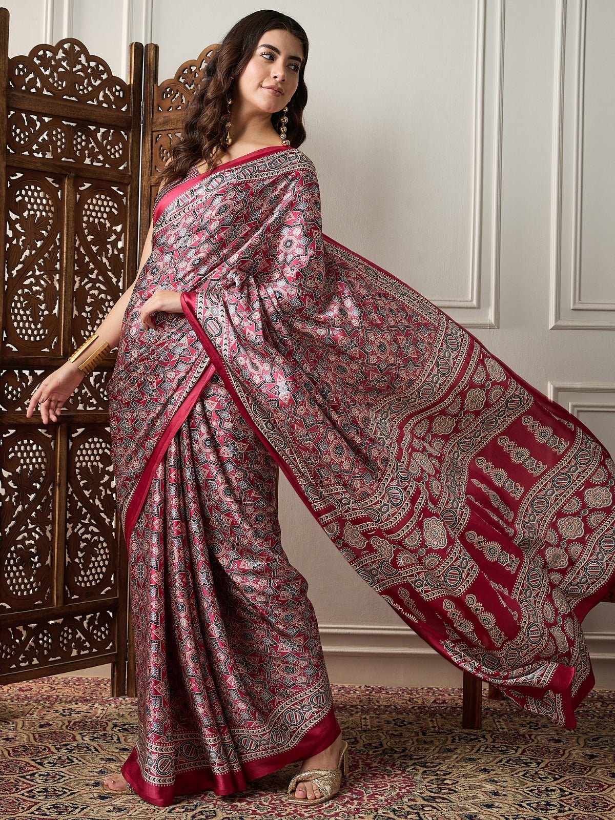 Deep Crimson Red Gajji Silk Ajrakh Saree - Ressa