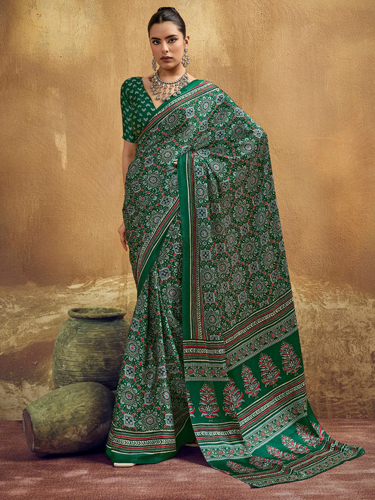 Deep Green Ajrakh Print Silk Saree - Ressa