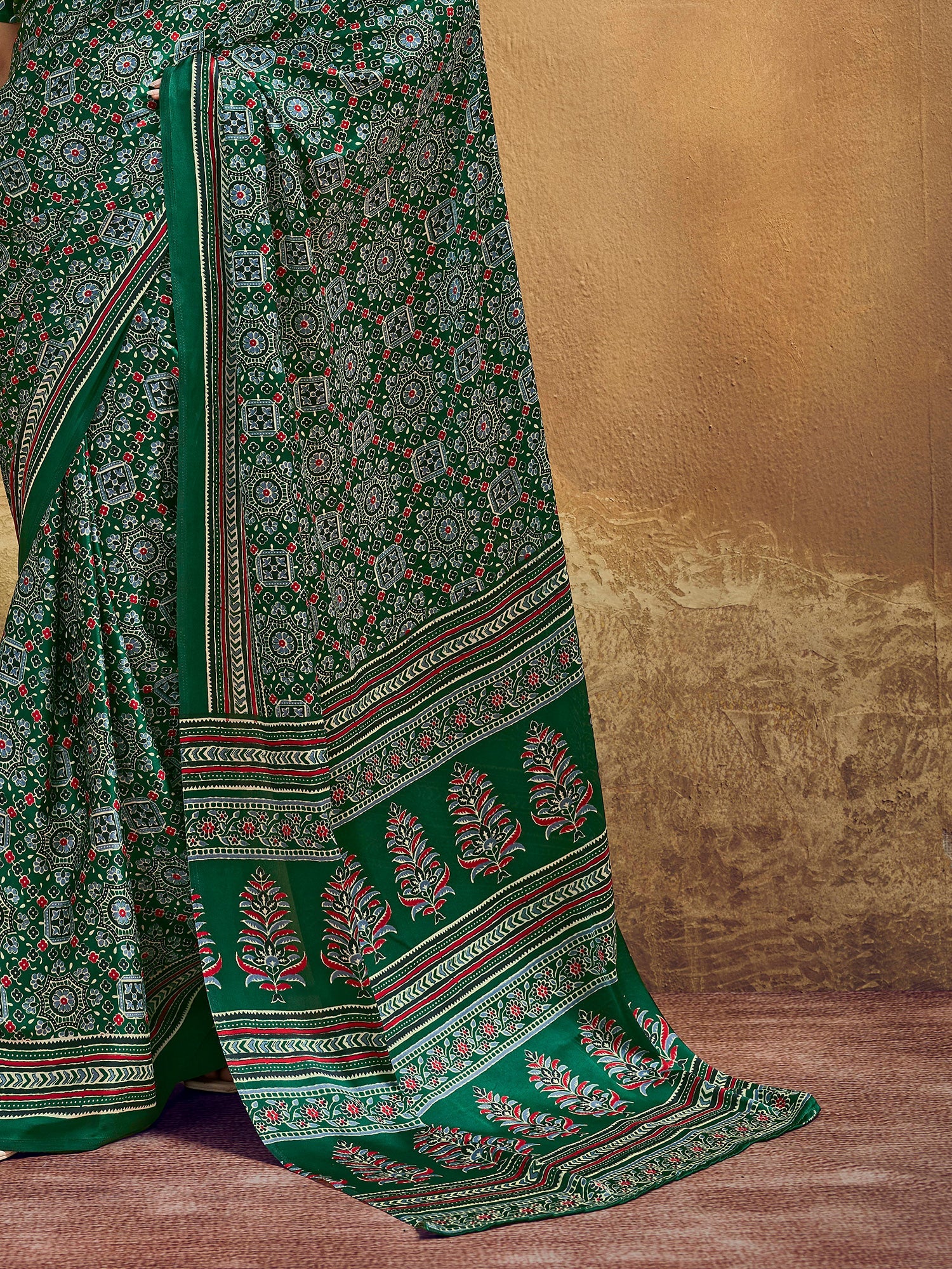 Deep Green Ajrakh Print Silk Saree - Ressa