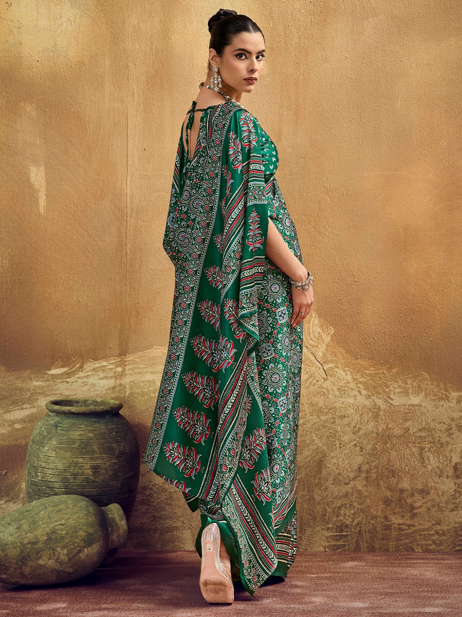 Deep Green Ajrakh Print Silk Saree - Ressa