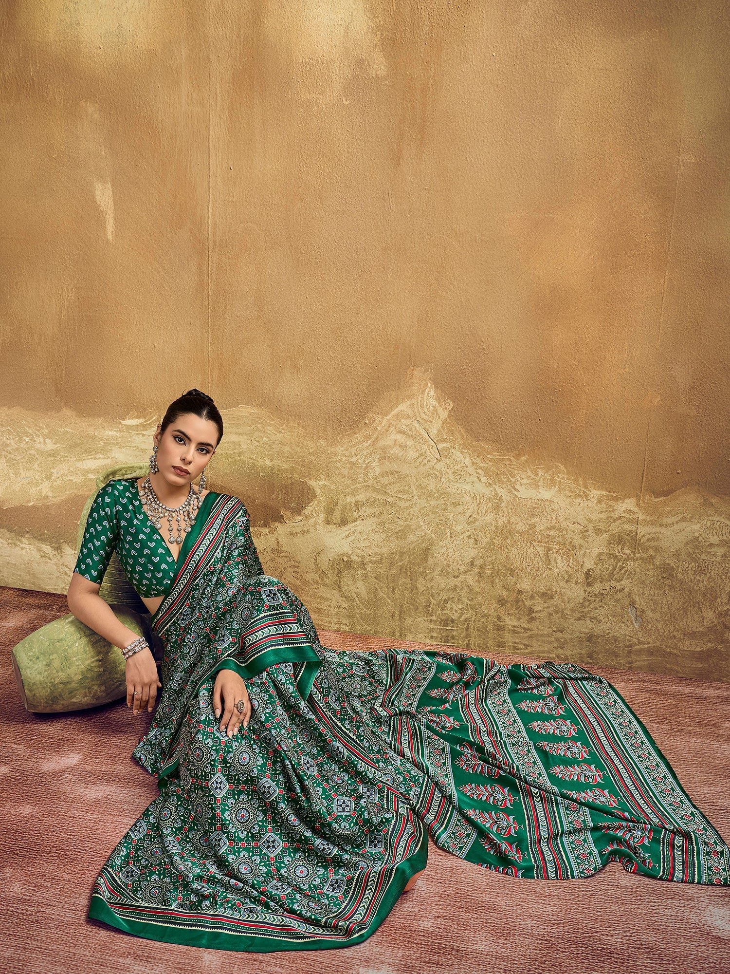 Deep Green Ajrakh Print Silk Saree - Ressa
