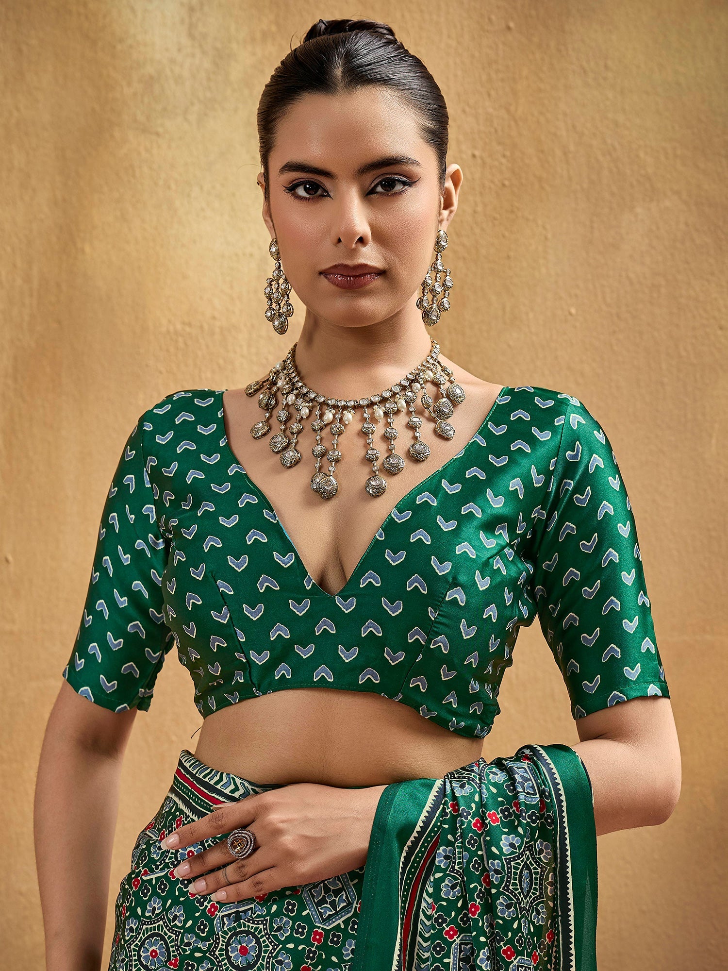 Deep Green Ajrakh Print Silk Saree - Ressa