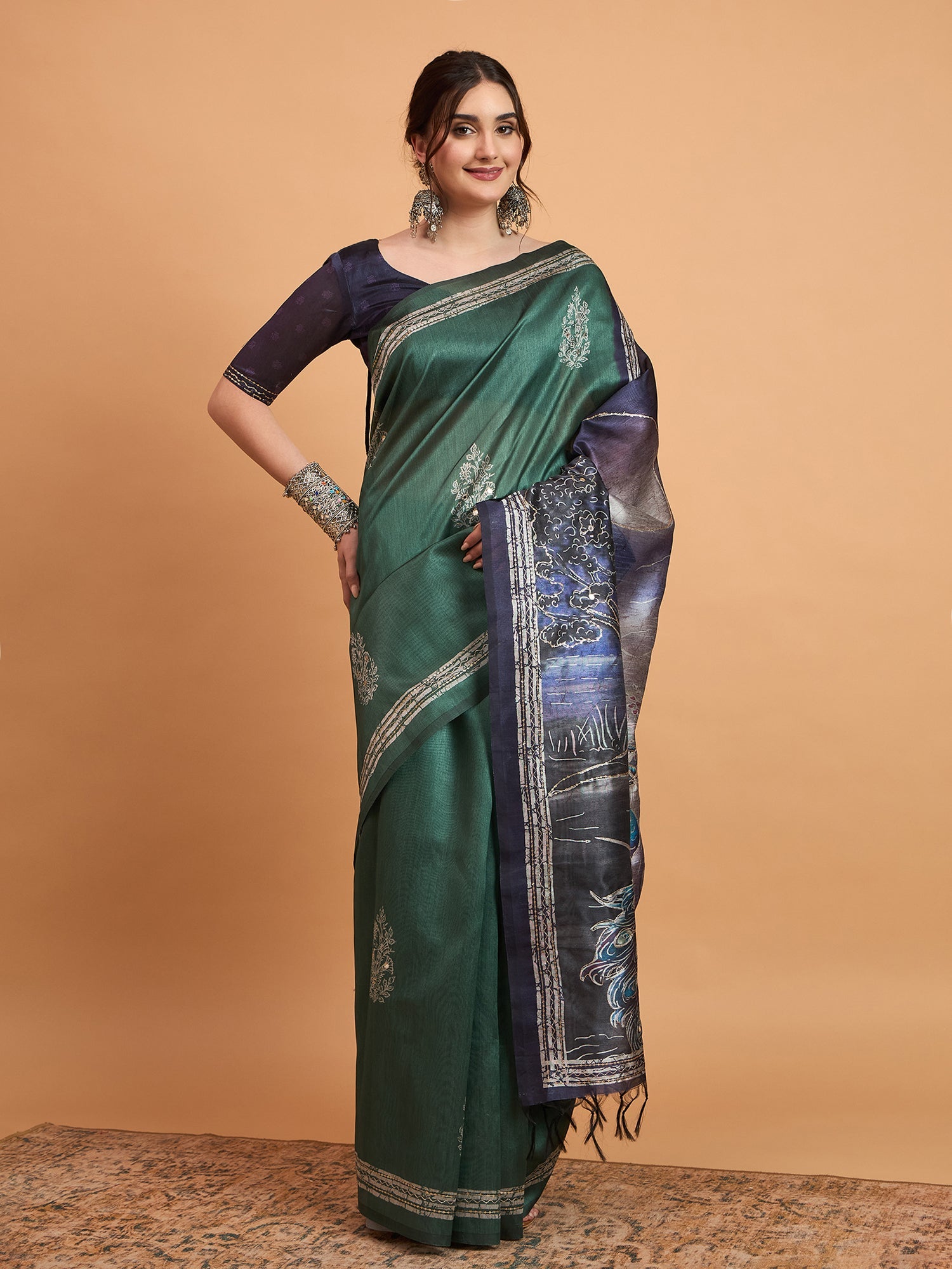 Deep Green Digital Print Silk Blend Saree - Ressa