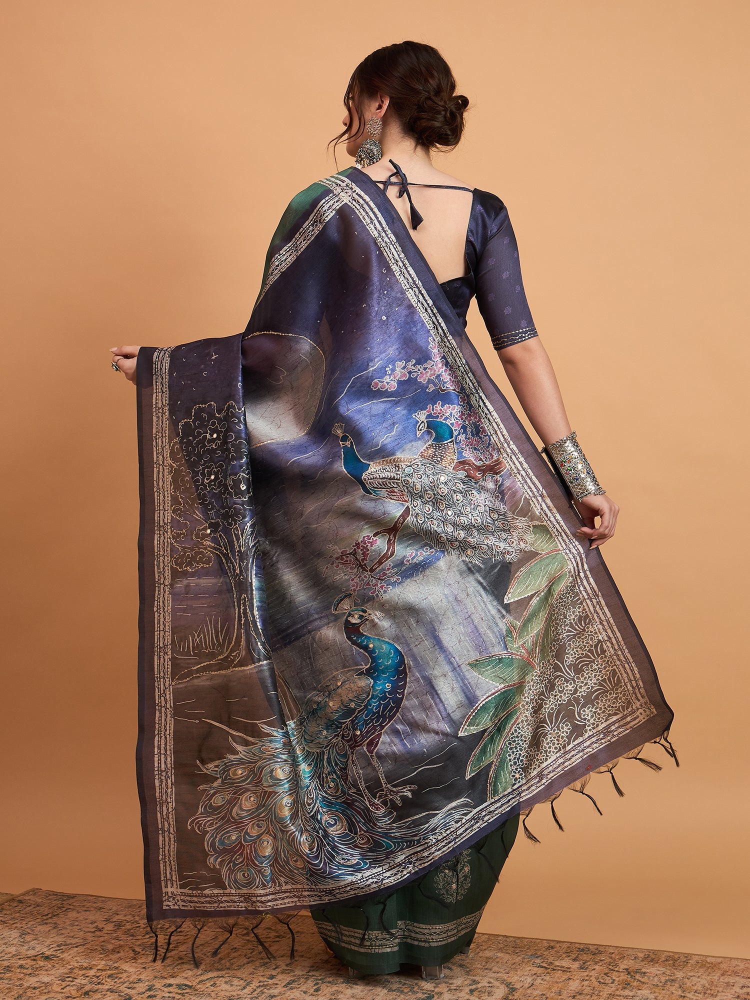 Deep Green Digital Print Silk Blend Saree - Ressa