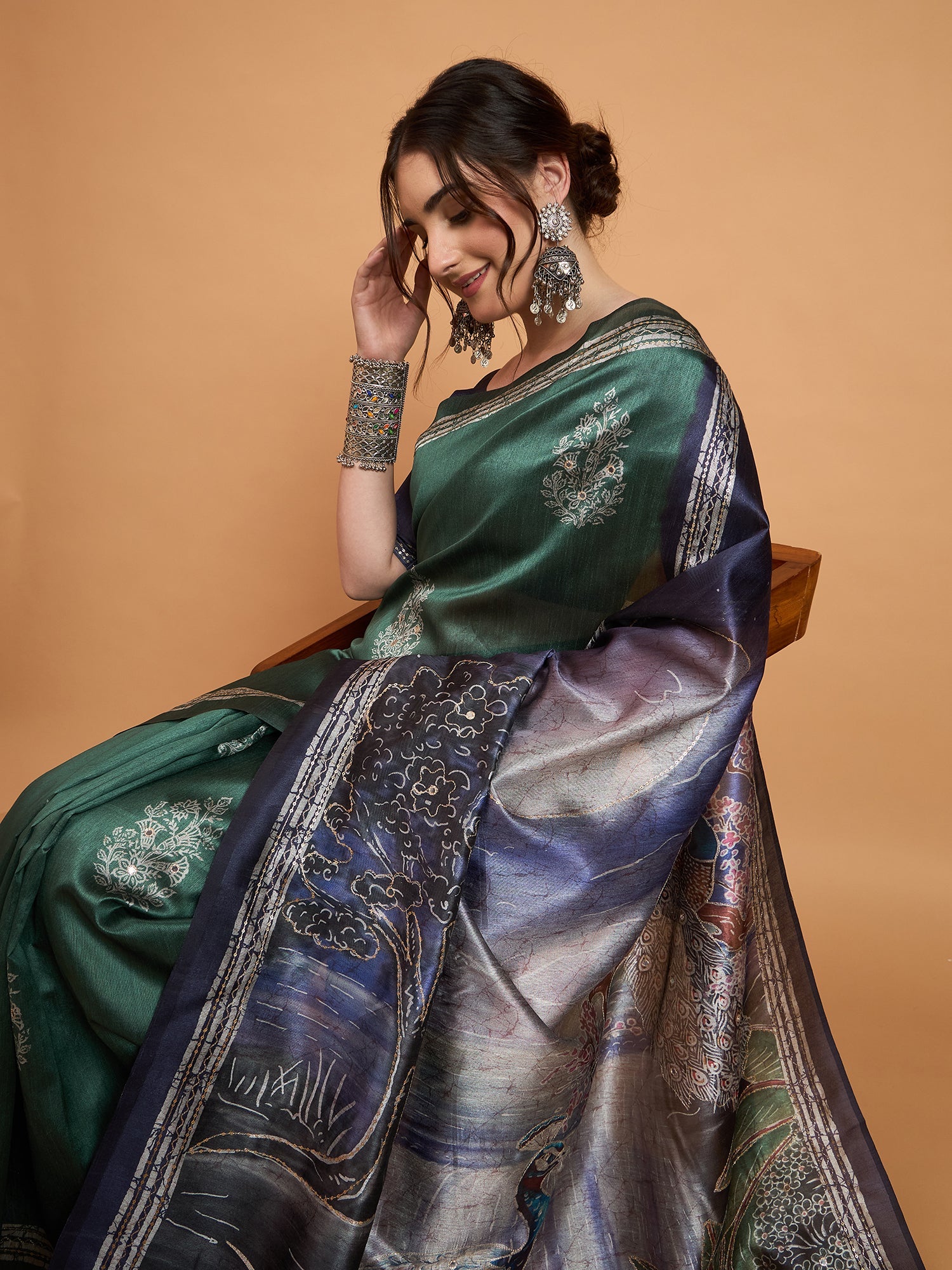 Deep Green Digital Print Silk Blend Saree - Ressa