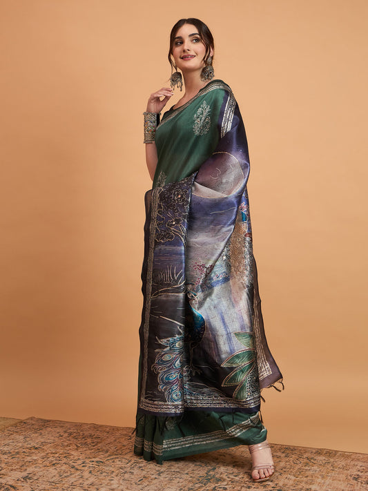 Deep Green Digital Print Silk Blend Saree - Ressa