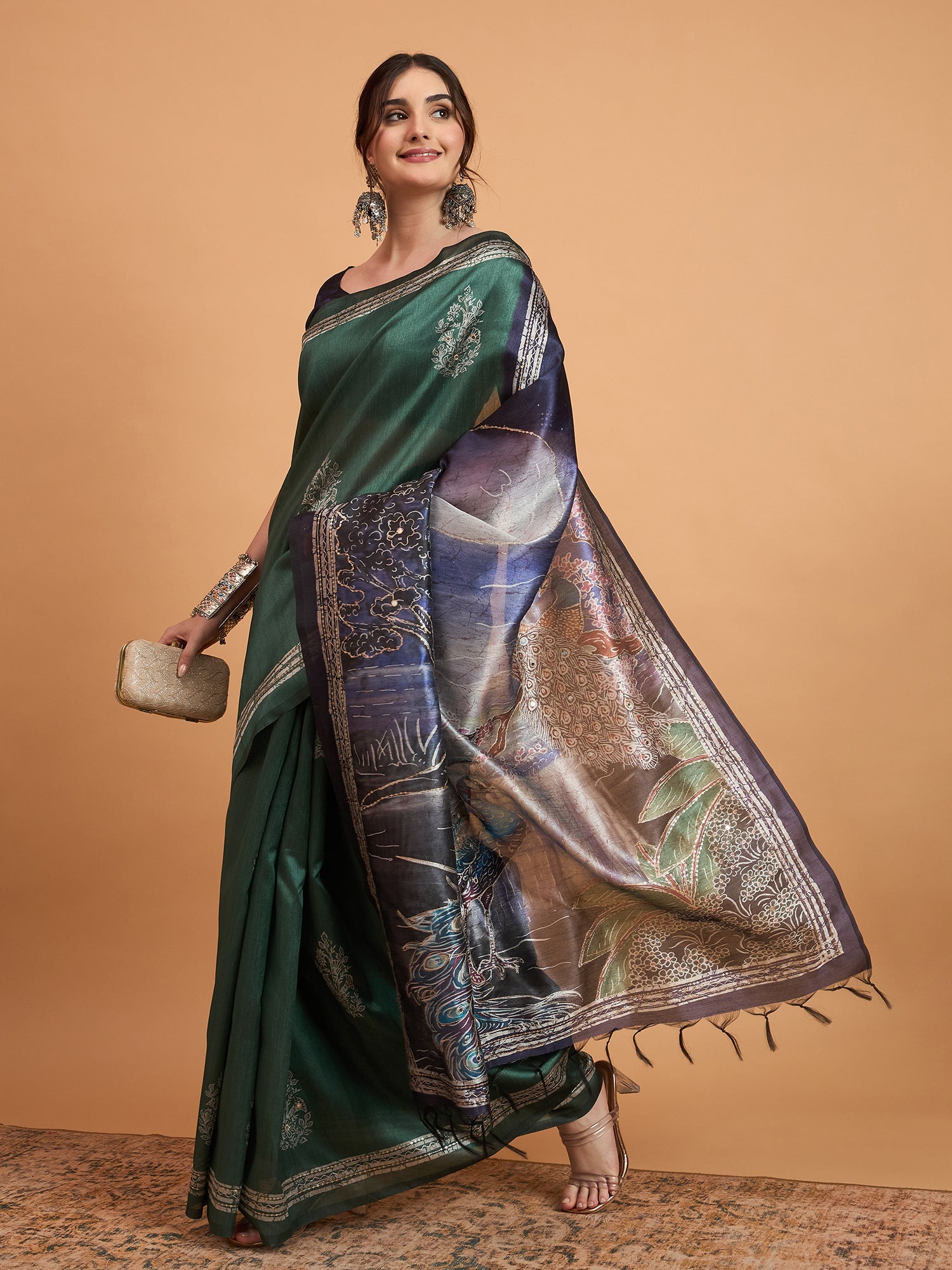 Deep Green Digital Print Silk Blend Saree - Ressa
