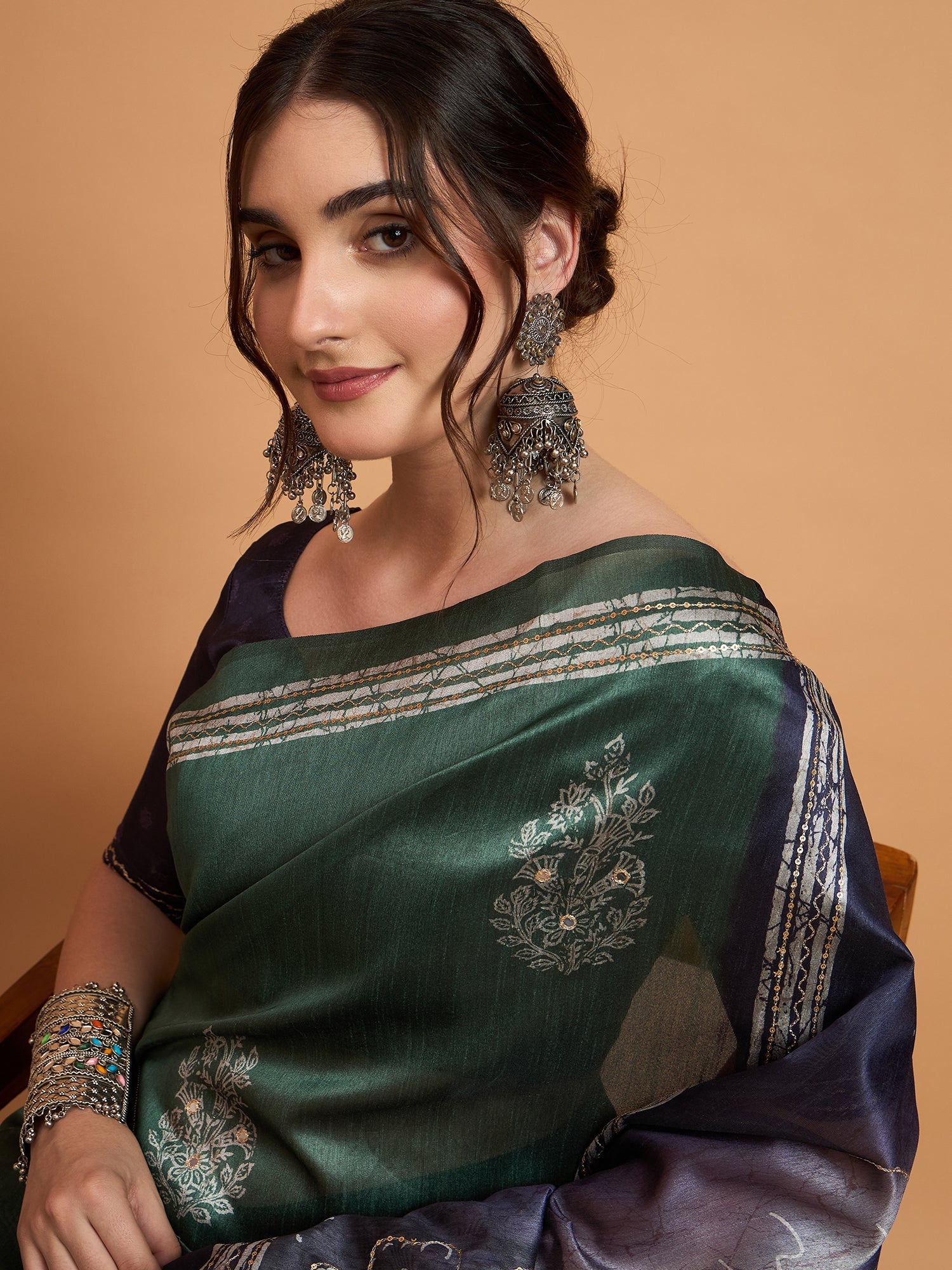 Deep Green Digital Print Silk Blend Saree - Ressa