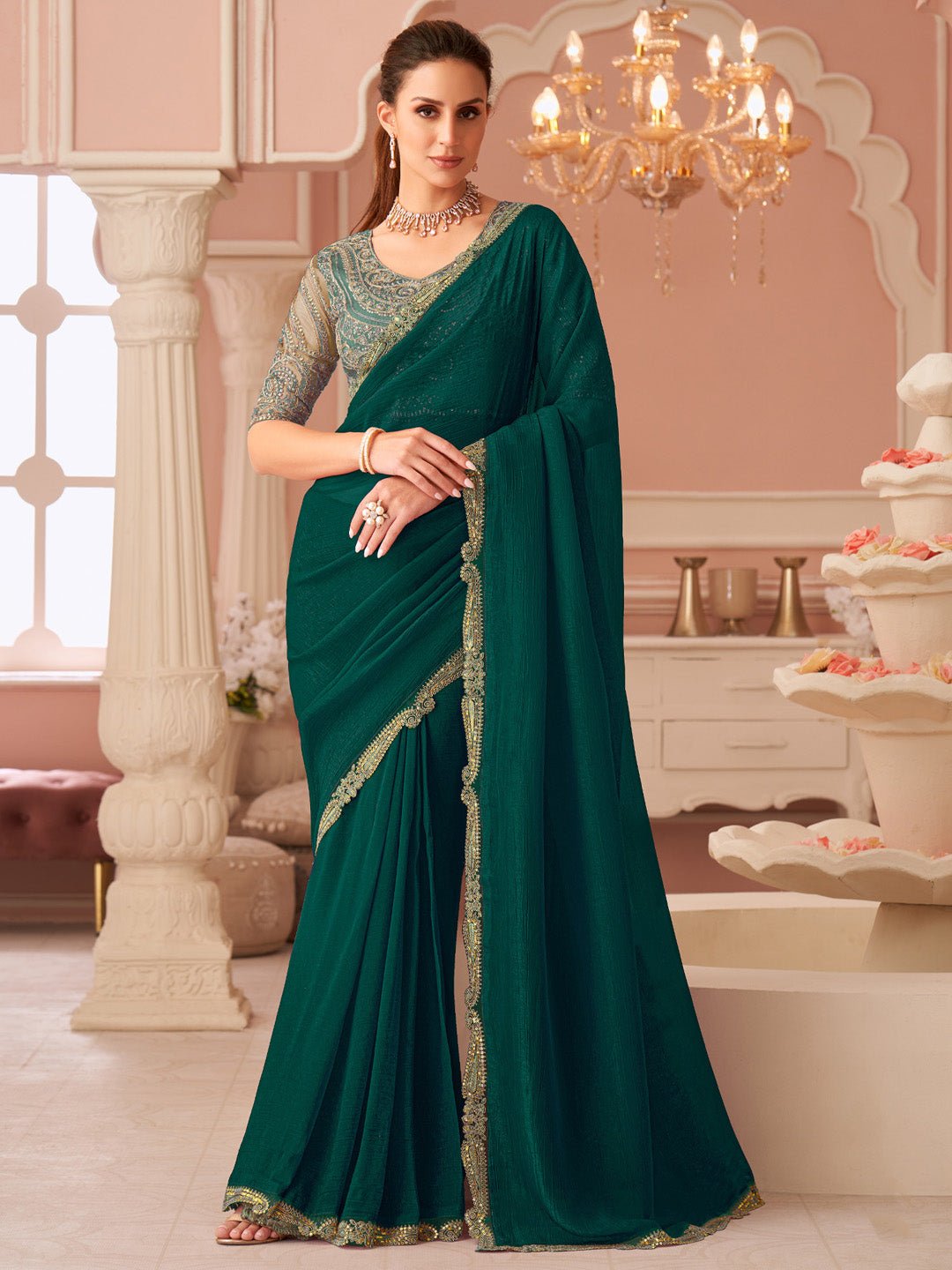 Deep Green Embellished Sequinned Pure Chiffon Saree - Ressa
