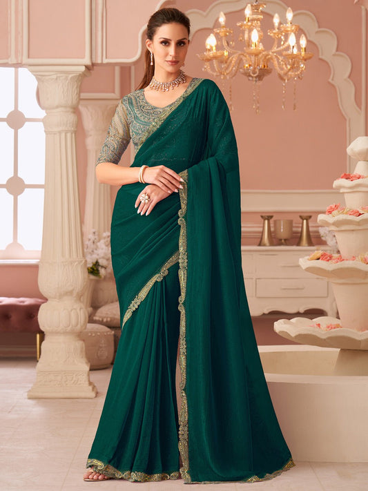 Deep Green Embellished Sequinned Pure Chiffon Saree - Ressa