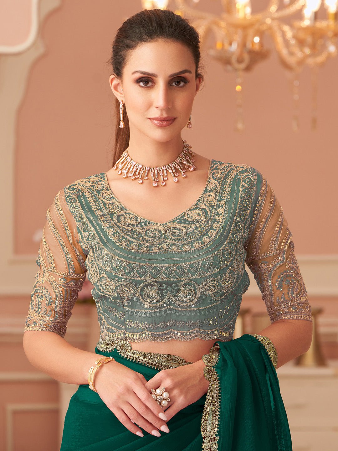 Deep Green Embellished Sequinned Pure Chiffon Saree - Ressa