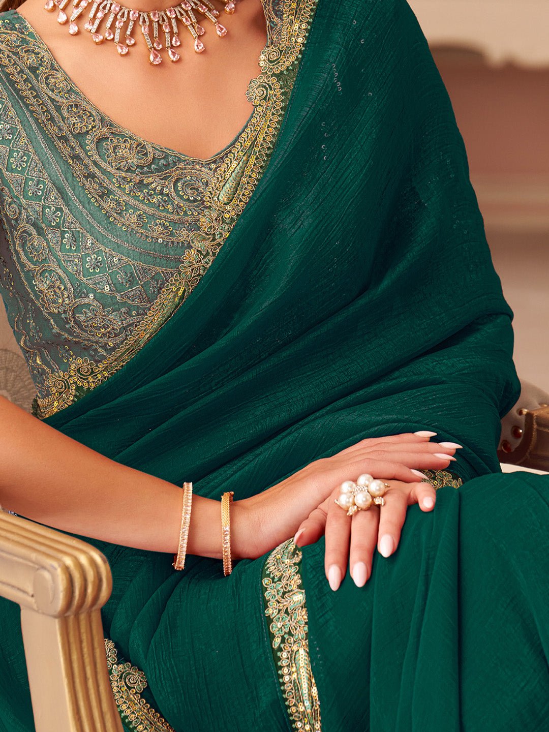 Deep Green Embellished Sequinned Pure Chiffon Saree - Ressa