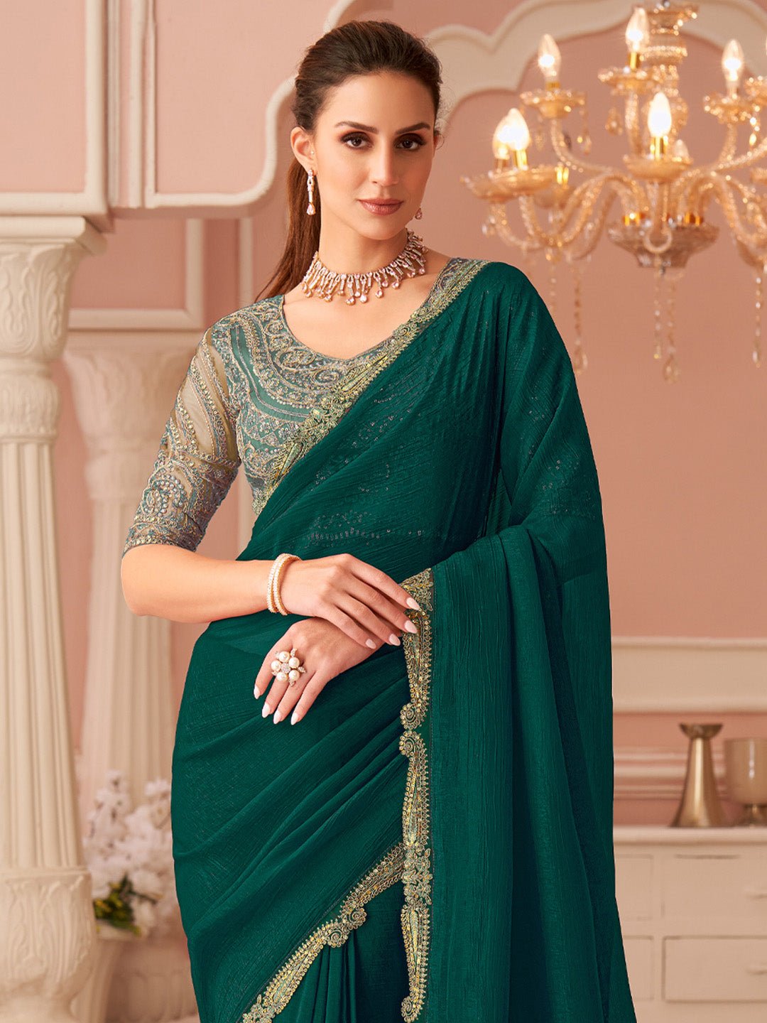 Deep Green Embellished Sequinned Pure Chiffon Saree - Ressa