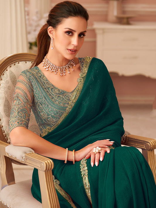 Deep Green Embellished Sequinned Pure Chiffon Saree - Ressa
