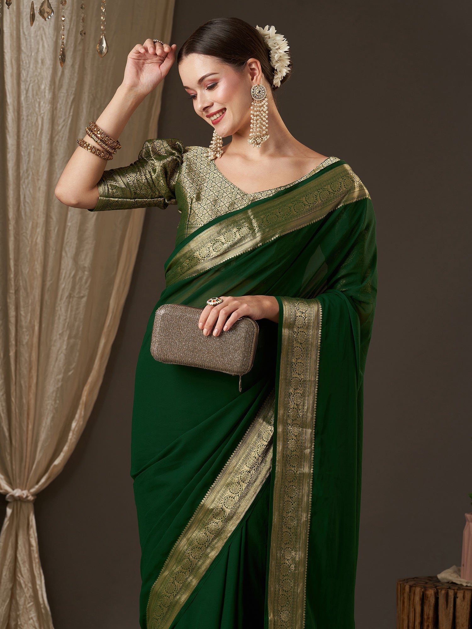 Deep Green Floral Georgette Saree - Ressa